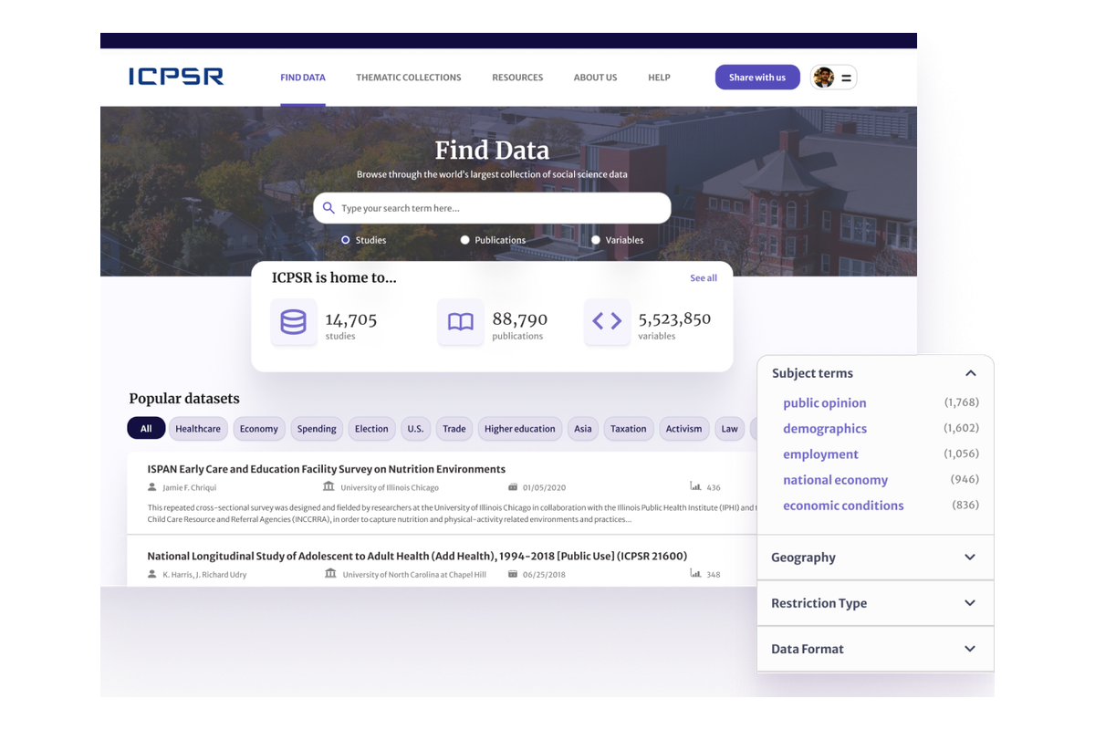 ICPSR search interface showing modernized data search and filtering capabilities screen